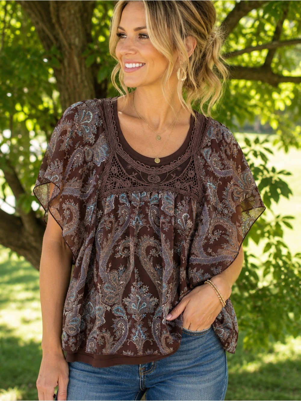 🔥 Maurices 2 Piece Boho Paisley Blouse Set Women’s L Brown Flowy Top